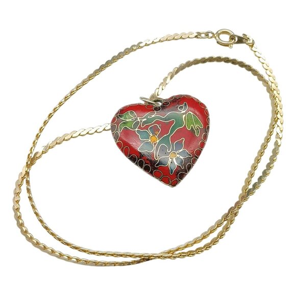 Vintage Heart-Shaped Cloisonné Puffy Pendant Necklace with Gold Chain and Rich E - Picture 3 of 3